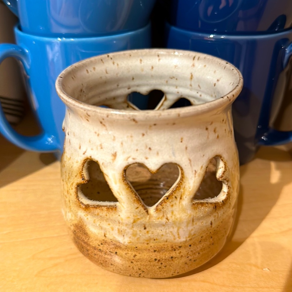Studio Art Pottery Votive Holder w/ 8 Heart Cut Outs Signed Lara 3.5”